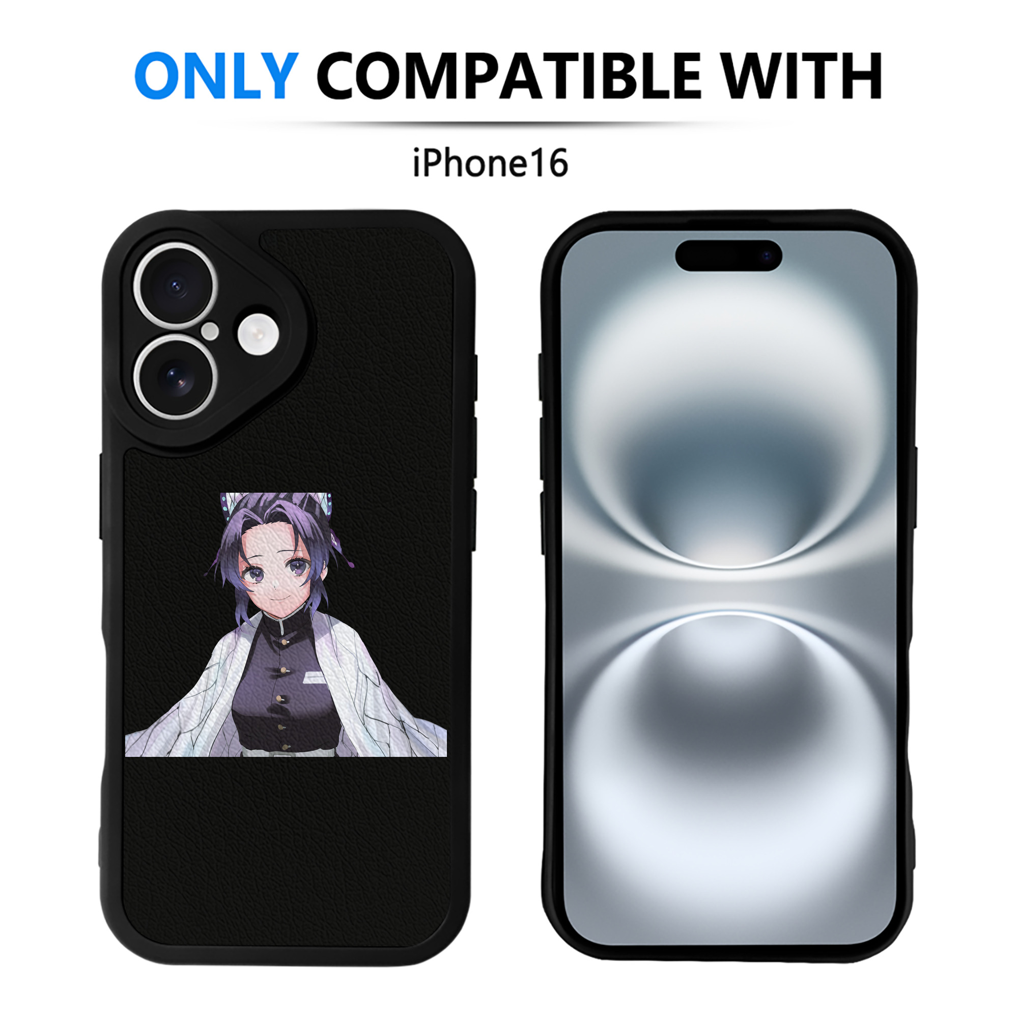 （画像用） 鬼滅の刃（きめつのやいば）蟲柱-胡蝶 しのぶ／こちょう しのぶ Kochou Shinobu 【iPhone 16シリーズ対応】シリコンスマホケース（レザー調） 材質：シリコン